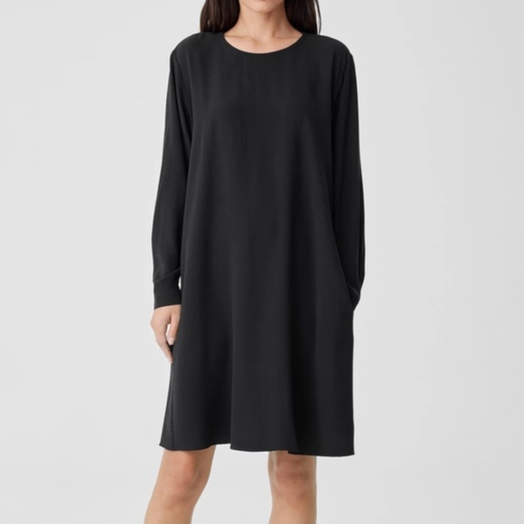 Eileen Fisher Petite Dress 100% Silk Georgette Crepe Long Sleeve Black Dress - Picture 1 of 8